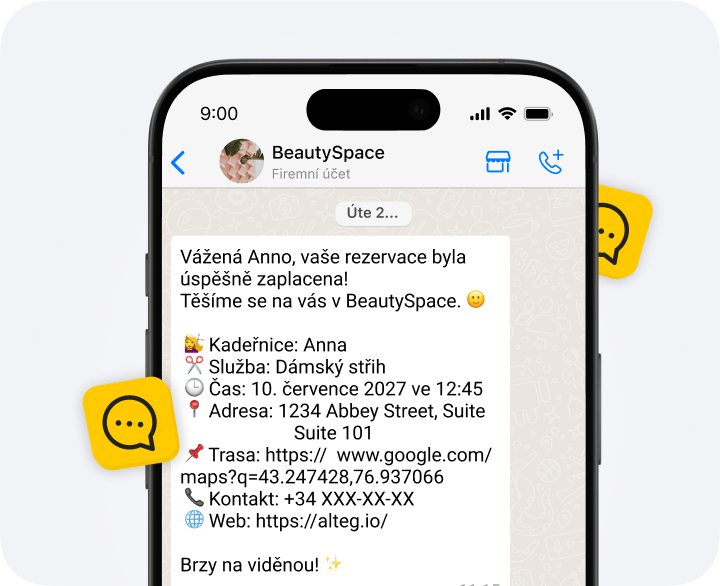 Screen showing a BeautySpace chat with paid appointment details: Anna, Women’s haircut, July 10, 2027 at 12:45 pm, address, directions link, and contact info.
