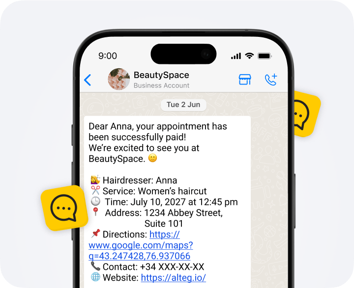 Screen showing a BeautySpace chat with paid appointment details: Anna, Women’s haircut, July 10, 2027 at 12:45 pm, address, directions link, and contact info.