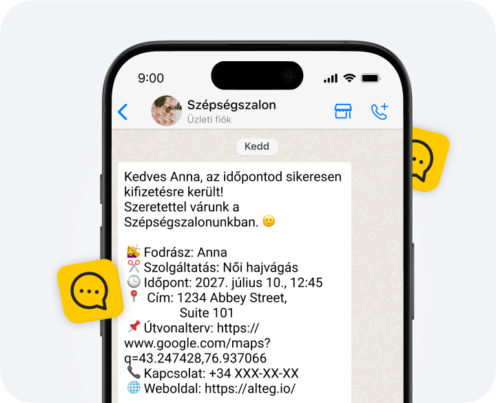 Screen showing a BeautySpace chat with paid appointment details: Anna, Women’s haircut, July 10, 2027 at 12:45 pm, address, directions link, and contact info.