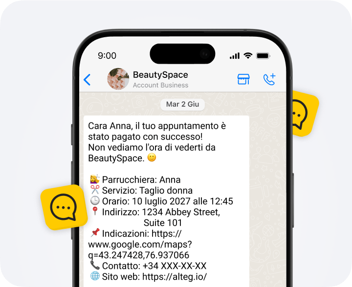 Screen showing a BeautySpace chat with paid appointment details: Anna, Women’s haircut, July 10, 2027 at 12:45 pm, address, directions link, and contact info.