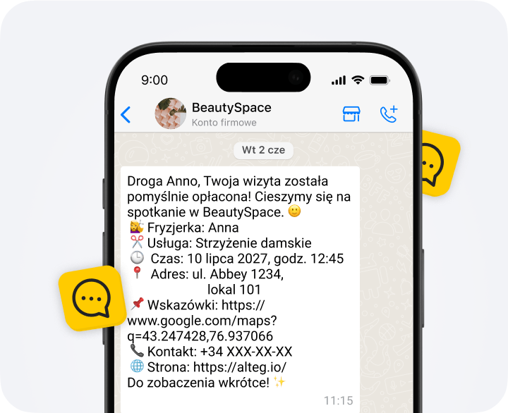 Screen showing a BeautySpace chat with paid appointment details: Anna, Women’s haircut, July 10, 2027 at 12:45 pm, address, directions link, and contact info.