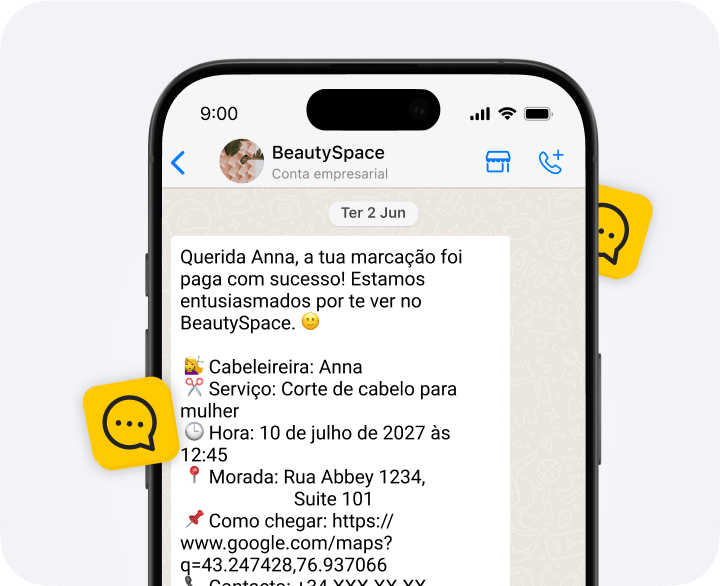 Screen showing a BeautySpace chat with paid appointment details: Anna, Women’s haircut, July 10, 2027 at 12:45 pm, address, directions link, and contact info.