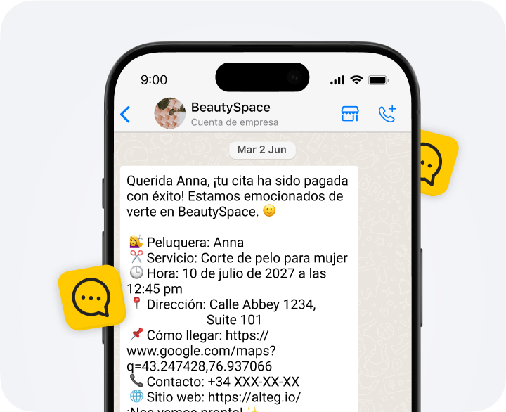 Screen showing a BeautySpace chat with paid appointment details: Anna, Women’s haircut, July 10, 2027 at 12:45 pm, address, directions link, and contact info.