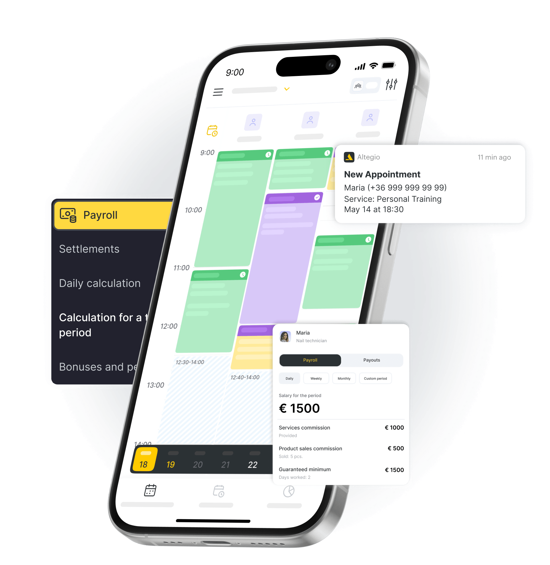 phone screen showing a multi color calendar schedule with a floating new appointment alert and payroll panel nearby | altegio