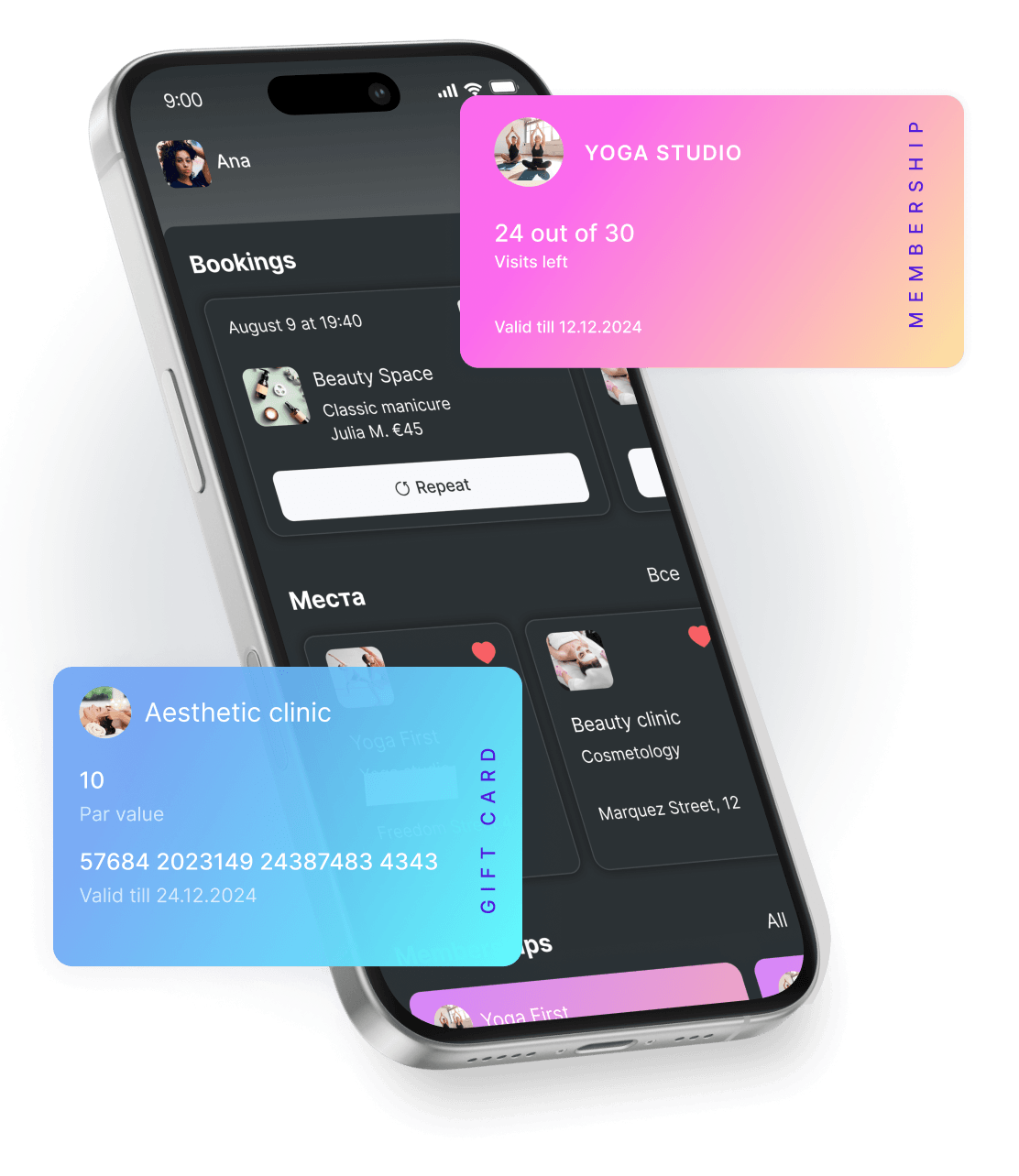 smartphone screen showing a dark themed bookings app with floating colorful gift card overlays for a yoga studio and aesthetic clinic | altegio | altegio