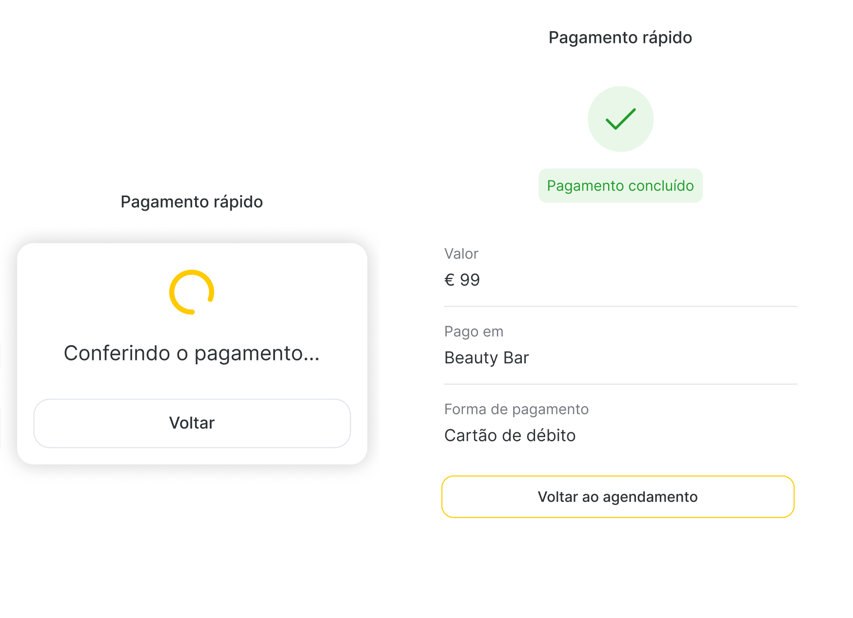 split screen ui left panel shows &aposquick payment&apos with a loading card labeled &aposchecking payment&apos and a back button right panel shows payment summary with a green check and &apospayment completed&apos badge | altegio