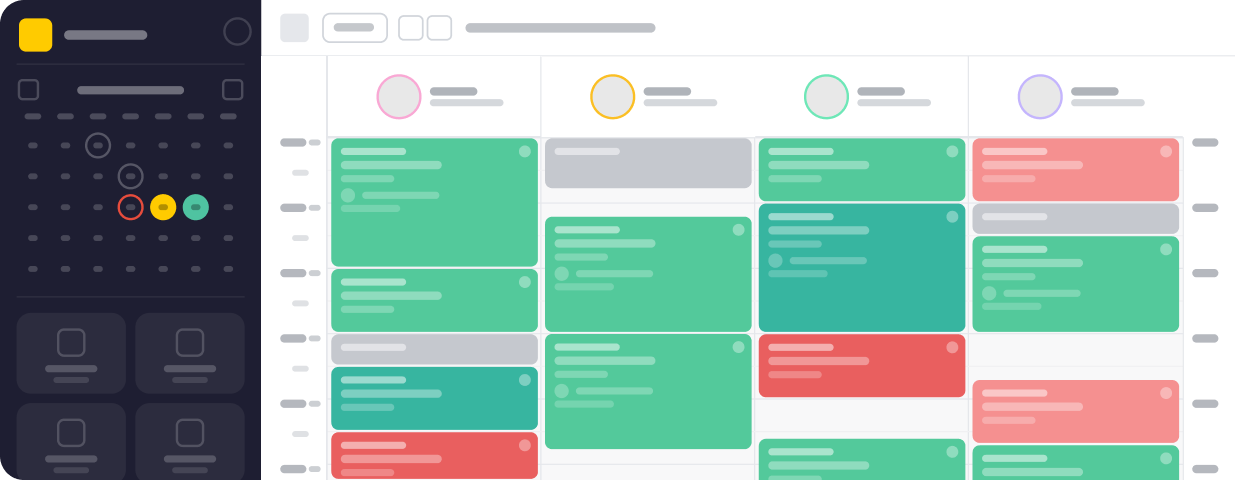 kanban style project board with multiple columns of color coded task cards and a dark left control panel featuring avatars at the top | altegio | altegio