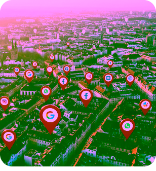 aerial view of a city with many red map pins featuring google facebook and other icons marking locations | altegio