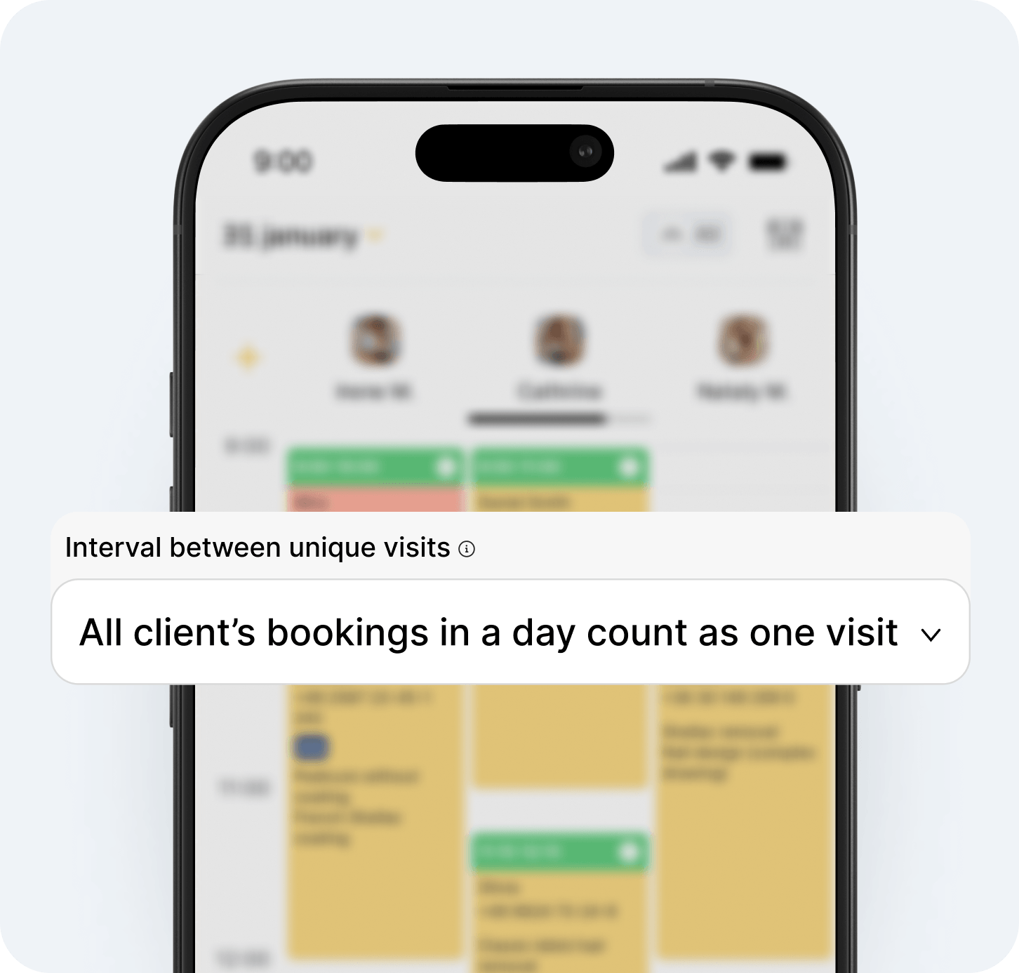 mobile app screen showing an analytics panel with a large white card that reads all clients bookings in a day count as one visit | altegio | altegio