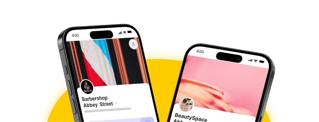 two tilted smartphones show social profile cards for a barber shop and a beauty space against a yellow arc background in a mobile app mockup | altegio