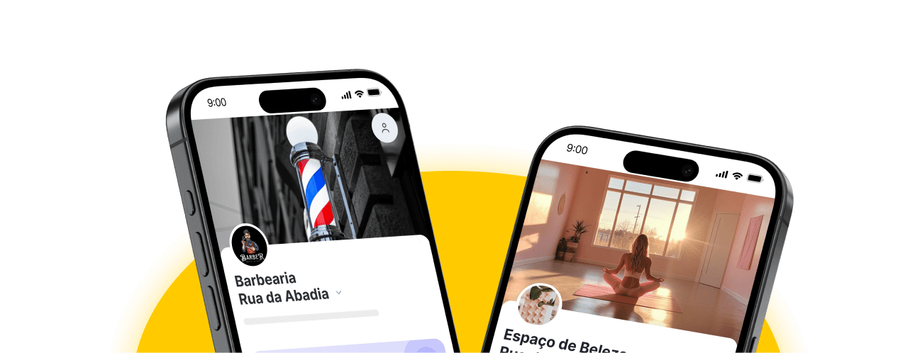 two tilted smartphones show social profile cards for a barber shop and a beauty space against a yellow arc background in a mobile app mockup | altegio