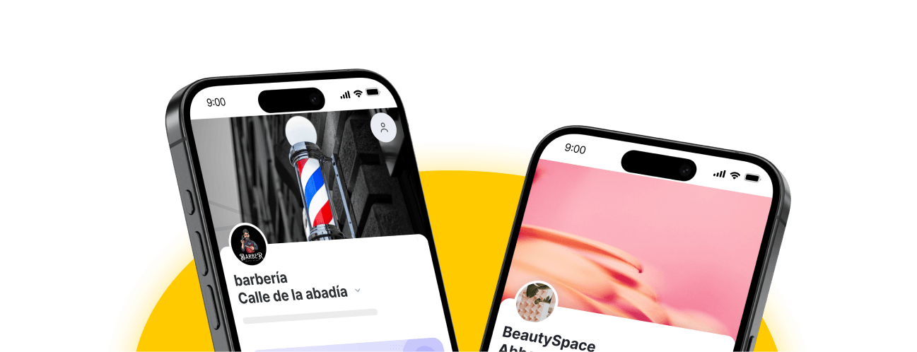 two tilted smartphones show social profile cards for a barber shop and a beauty space against a yellow arc background in a mobile app mockup | altegio | altegio