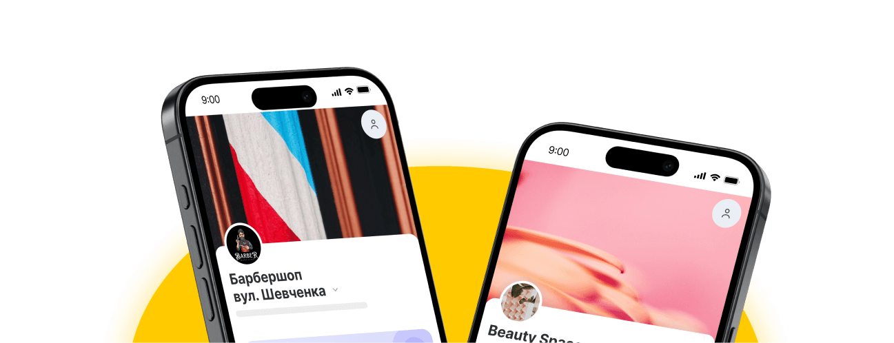 two tilted smartphones show social profile cards for a barber shop and a beauty space against a yellow arc background in a mobile app mockup | altegio | altegio