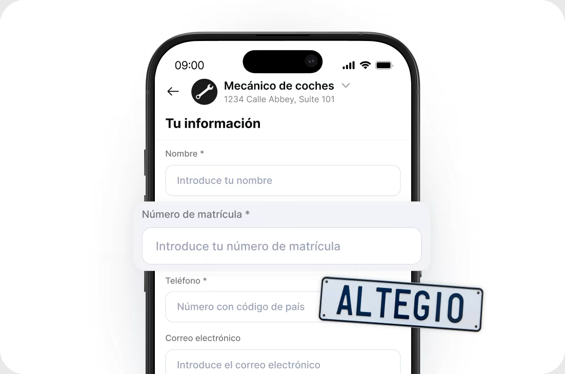 Mobile form on a smartphone titled 'Your Information' with fields for Name, Plate Number, Phone, and Email; a tilted license plate reads ALTEGIO overlapping the screen.
