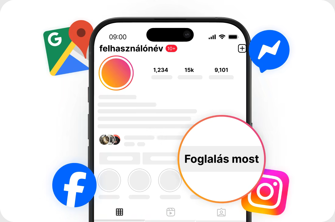 Smartphone displaying a social profile mockup with a prominent 'Book Now' CTA circle and floating icons for Facebook, Messenger, Instagram, and Maps.