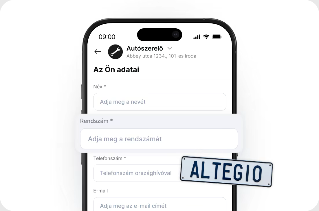 Mobile form on a smartphone titled 'Your Information' with fields for Name, Plate Number, Phone, and Email; a tilted license plate reads ALTEGIO overlapping the screen.