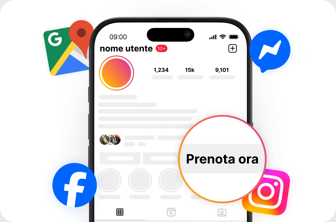 Smartphone displaying a social profile mockup with a prominent 'Book Now' CTA circle and floating icons for Facebook, Messenger, Instagram, and Maps.