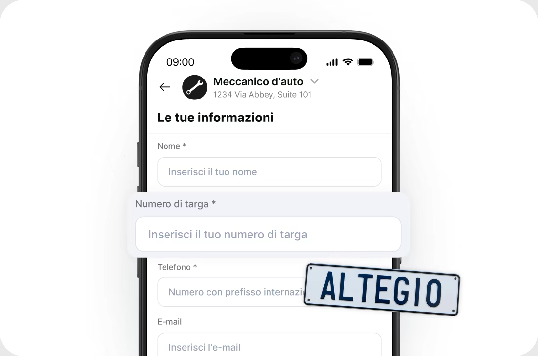 Mobile form on a smartphone titled 'Your Information' with fields for Name, Plate Number, Phone, and Email; a tilted license plate reads ALTEGIO overlapping the screen.