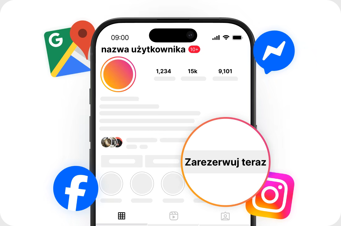 Smartphone displaying a social profile mockup with a prominent 'Book Now' CTA circle and floating icons for Facebook, Messenger, Instagram, and Maps.