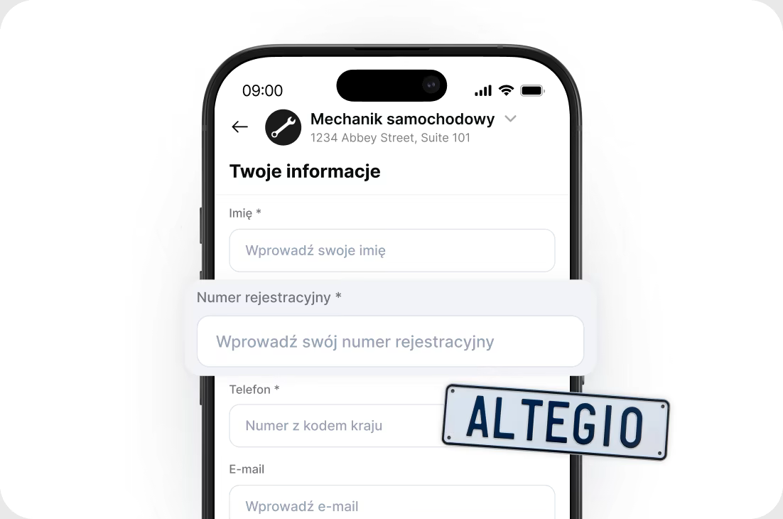 Mobile form on a smartphone titled 'Your Information' with fields for Name, Plate Number, Phone, and Email; a tilted license plate reads ALTEGIO overlapping the screen.