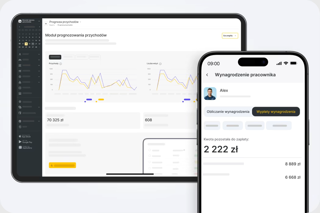 Laptop analytics dashboard showing revenue forecast charts and metrics, with a smartphone displaying an employee salary screen.