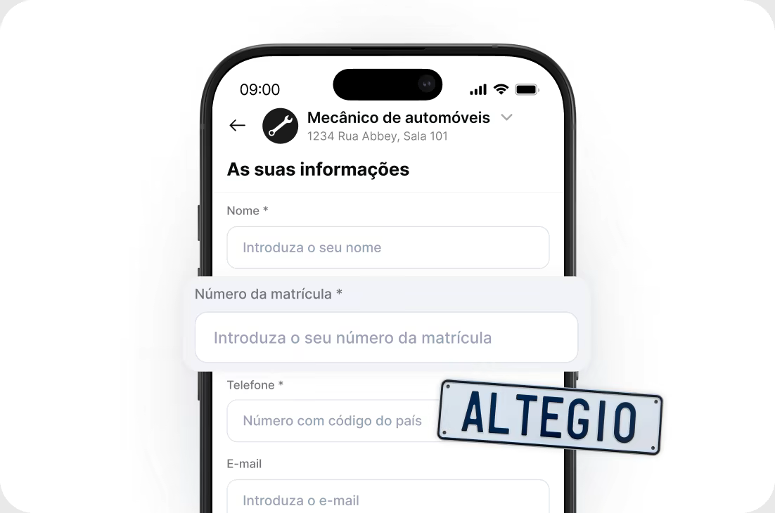 Mobile form on a smartphone titled 'Your Information' with fields for Name, Plate Number, Phone, and Email; a tilted license plate reads ALTEGIO overlapping the screen.