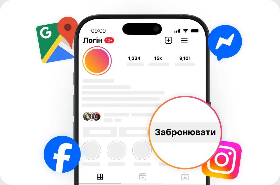 Smartphone displaying a social profile mockup with a prominent 'Book Now' CTA circle and floating icons for Facebook, Messenger, Instagram, and Maps.