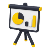 Portable presentation board on a tripod stand showing a yellow donut chart and a yellow bar chart/indicator.