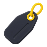 Black plastic tag with a yellow metal loop, likely a luggage or identification tag