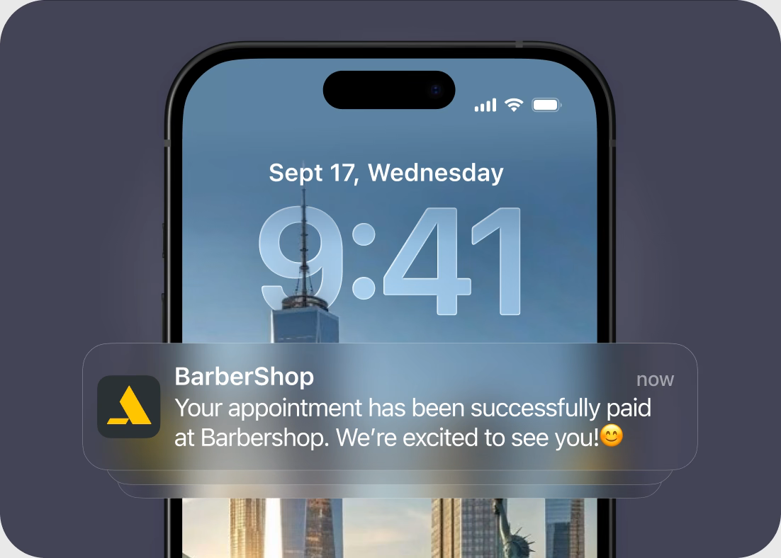 Push notification from BarberShop on a phone confirming that the appointment payment was successful and inviting the user to attend.