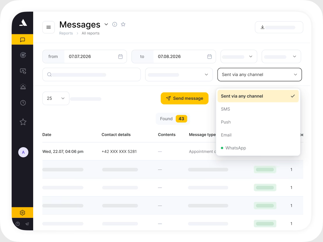 Messaging dashboard with left navigation, header 'Messages', and a yellow 'Send message' button at center-right of the screen