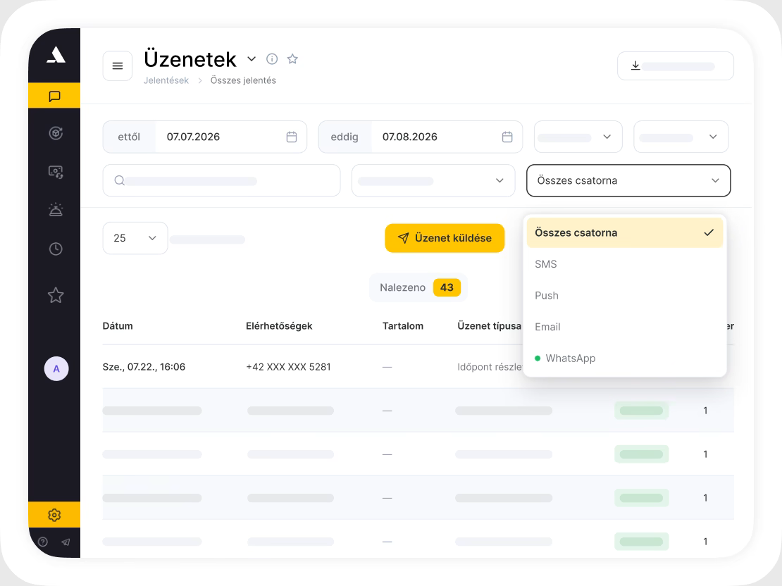 Messaging dashboard with left navigation, header 'Messages', and a yellow 'Send message' button at center-right of the screen