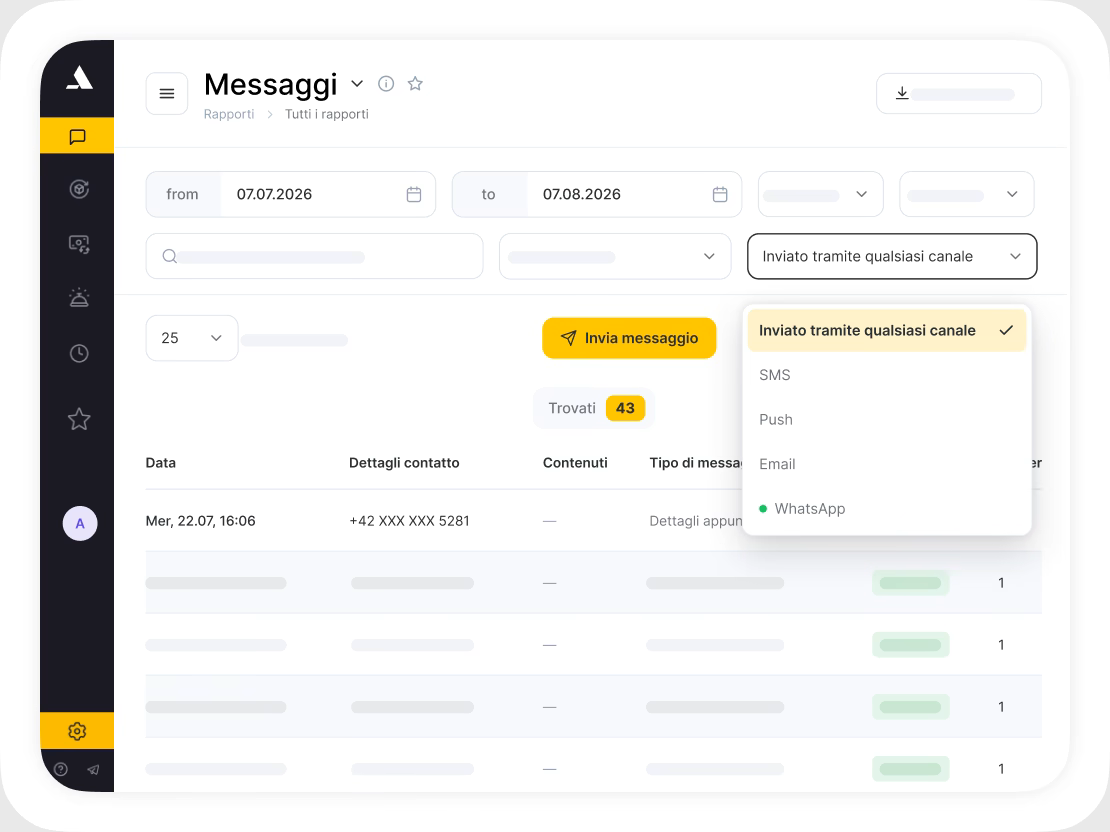 Messaging dashboard with left navigation, header 'Messages', and a yellow 'Send message' button at center-right of the screen